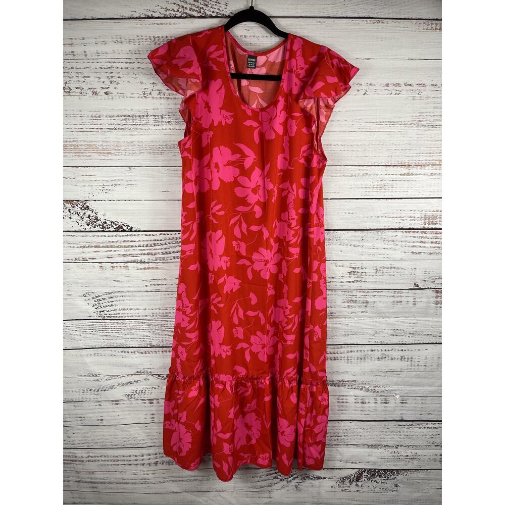 Loness Dress Women's Size XL Red Pink Floral Ruffle Maxi Spring Summer Boho